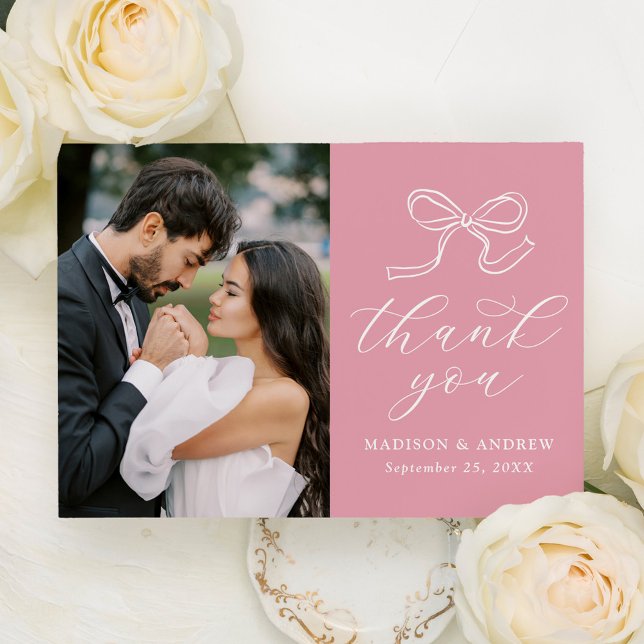 Elegant Bow Rose Pink Photo Wedding Thank You Card (Creator Uploaded)