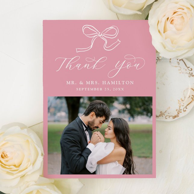 Elegant Bow Rose Pink Photo Wedding Thank You Card (Creator Uploaded)