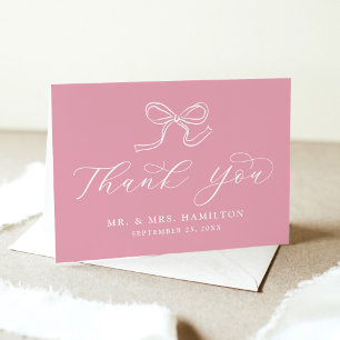 Elegant Bow Rose Pink Wedding Thank You Card