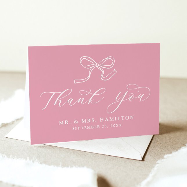 Elegant Bow Rose Pink Wedding Thank You Card (Creator Uploaded)