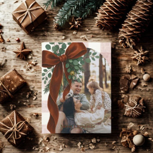 Elegant Bow Rustic Gingham Merry Christmas Photo  Holiday Postcard