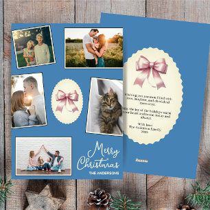 Elegant Bow Steel Blue Christmas Photo Collage  Holiday Card