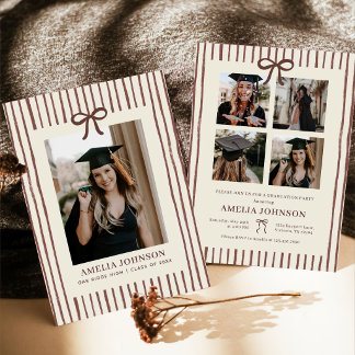 Elegant Bow Vintage Striped Photo Graduation Invitation
