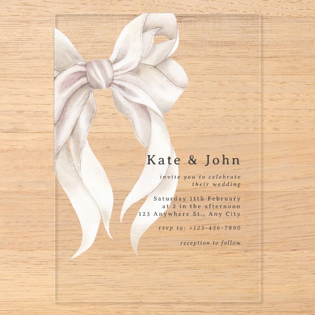 Elegant Bow Wedding Classic Minimalist Modern  Acrylic Invitations (Front)