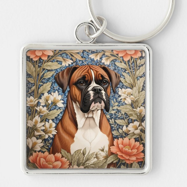 Elegant Boxer Dog William Morris Inspired  Key Ring (Front)
