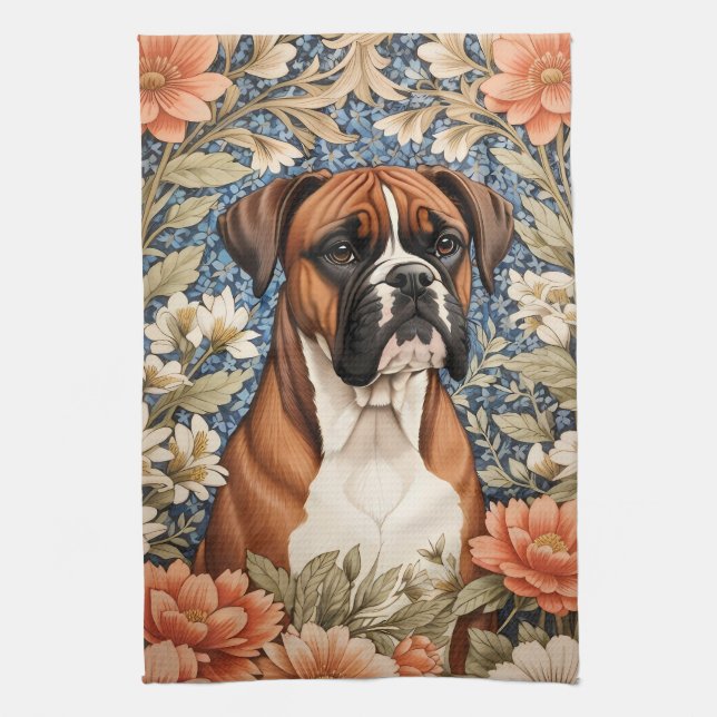Elegant Boxer Dog William Morris Inspired  Tea Towel (Vertical)