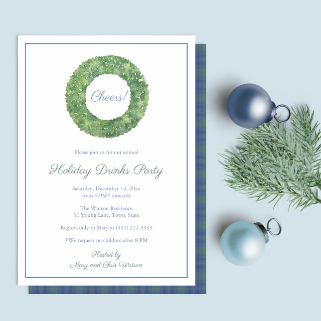 Elegant Boxwood Wreath Christmas Party Invitation (Simple Elegant Holidays Party Invitation In Blue / Green With Boxwood Wreath And Tartan Plaid Backer)