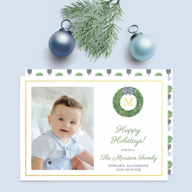 Elegant Boxwood Wreath Monogram Photo Blue Gold (Simple boxwood wreath Happy Holidays card with blue and white bow and gold foil details)
