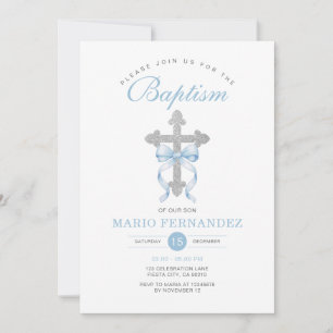 Elegant Boy Baptism Blue Bow Silver Cross Glitter Invitation