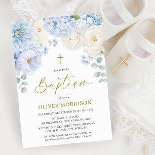 Elegant Boy Baptism Gold Cross Dusty Blue Floral Invitation