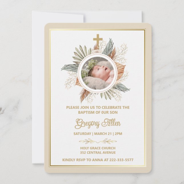 Elegant Boy Baptism Greenery Cross Photo  Invitati Invitation (Front)