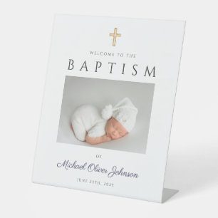 Elegant Boy Baptism Navy Blue Photo Welcome Pedestal Sign
