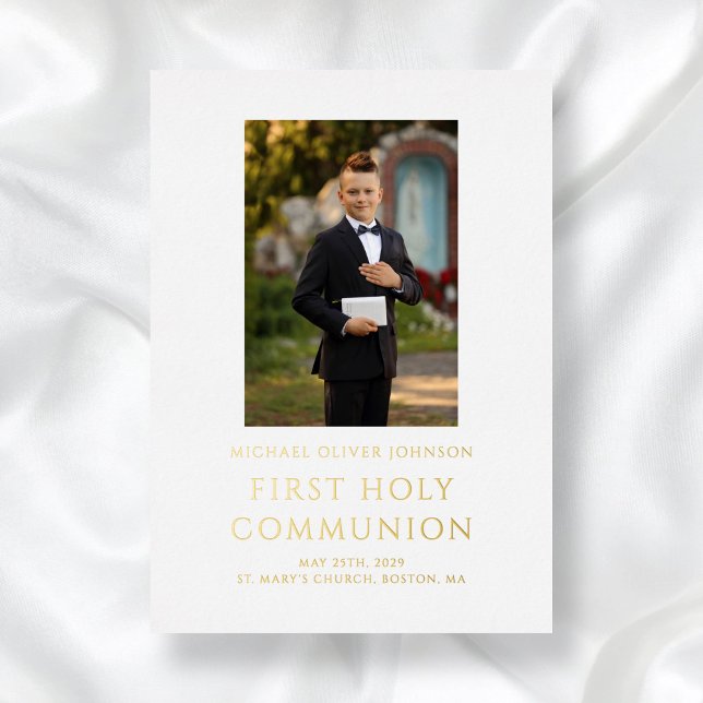 Elegant Boy Photo First Communion Gold (Boy Photo White First Holy Communion Gold Foil Invitation)