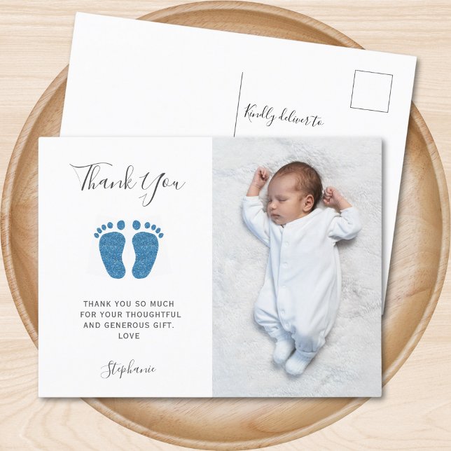 Elegant Boy's Baby Shower Photo Thank You Postcard (Creator Uploaded)