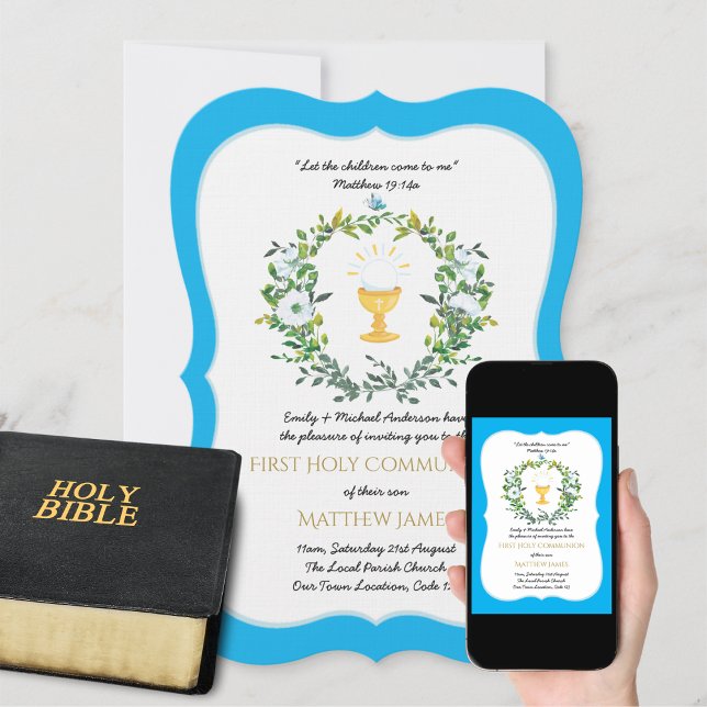 Elegant Boys Blue Floral First Holy Communion Invitation (Creator Uploaded)