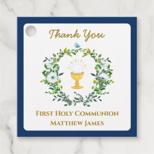 Elegant Boys Navy Floral First Holy Communion Favour Tags