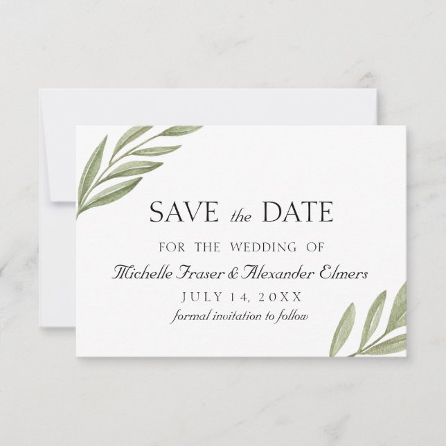 Elegant branch of greenery Botanical save the date RSVP Card (Front)