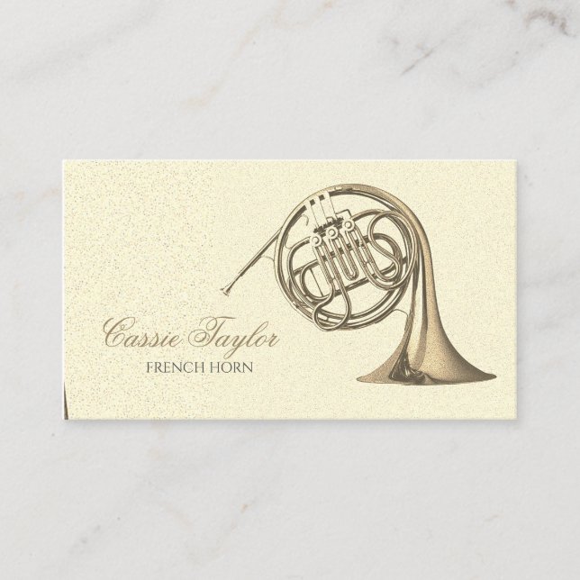 Elegant Brass French Horn Musician Music Teacher Business Card (Front)