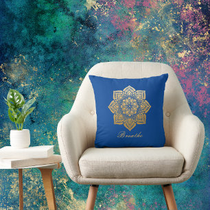 Elegant Breathe Deep Royal Blue and Gold Mandala Cushion