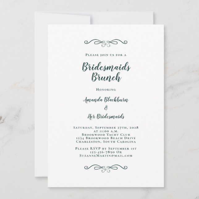 Elegant Bridal Brunch Bridesmaids Emerald Green Invitation (Front)
