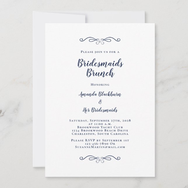 Elegant Bridal Brunch Bridesmaids Navy Blue White Invitation (Front)