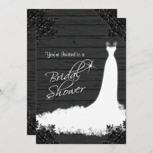 Elegant Bridal Gown on Rustic Black Wood Invitation