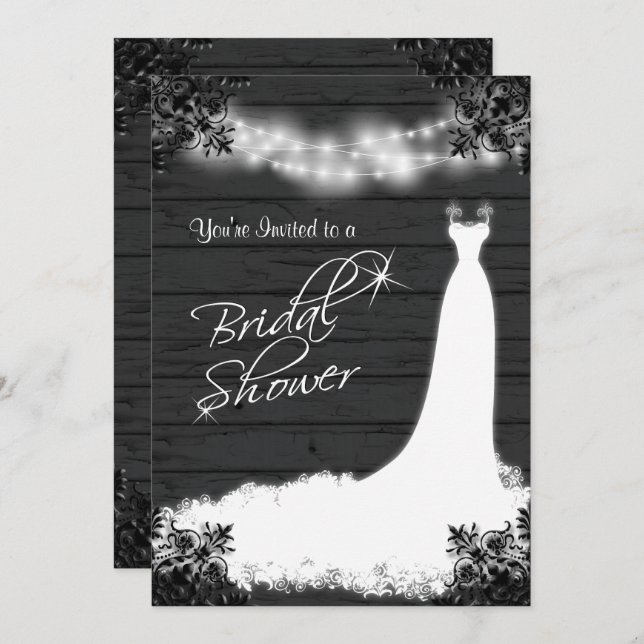 Elegant Bridal Gown on Rustic Black Wood Invitation (Front/Back)