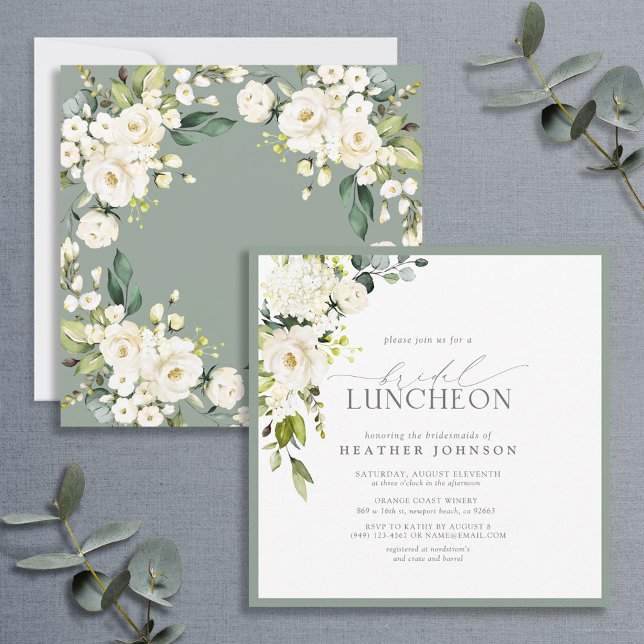 Elegant Bridal Luncheon Floral White Gray Green Invitation (Creator Uploaded)