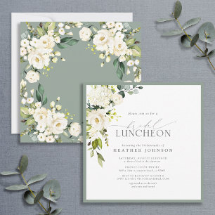 Elegant Bridal Luncheon Floral White Grey Green Invitation