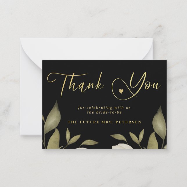 Elegant bridal shower black gold script thank you  card (Front)