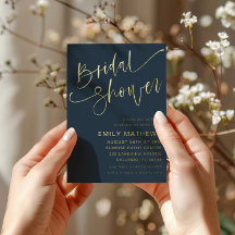 Elegant Bridal Shower Blue & Gold Calligraphy