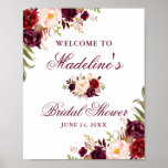 Elegant Bridal Shower Burgundy Floral Poster<br><div class="desc">Elegant Watercolor Burgundy Marsala Floral Bridal Shower Welcome Poster</div>