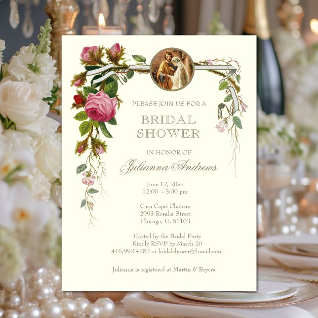 Elegant Bridal Shower Catholic Roses Invitation (Creator Uploaded)