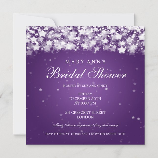 Elegant Bridal Shower Dazzling Stars Purple Invitation (Front)