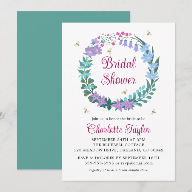Elegant Bridal Shower Floral Wildflowers Garland Invitation (Front/Back)