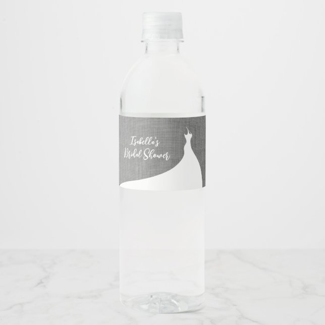 Elegant Bridal Shower grey linen Water Bottle Label (Front)