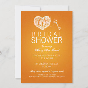 Elegant Bridal Shower Key To My Heart Orange Invitation