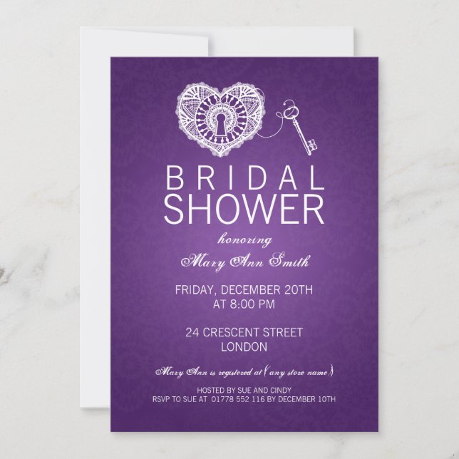 Elegant Bridal Shower Key To My Heart Purple Invitation (Front)