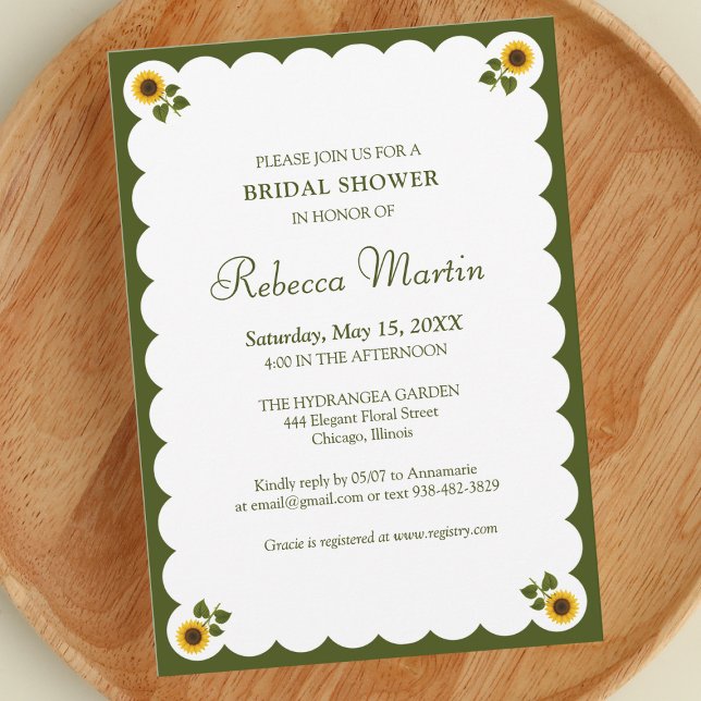 Elegant Bridal Shower Olive Green Sunflower Simple Invitation (Creator Uploaded)