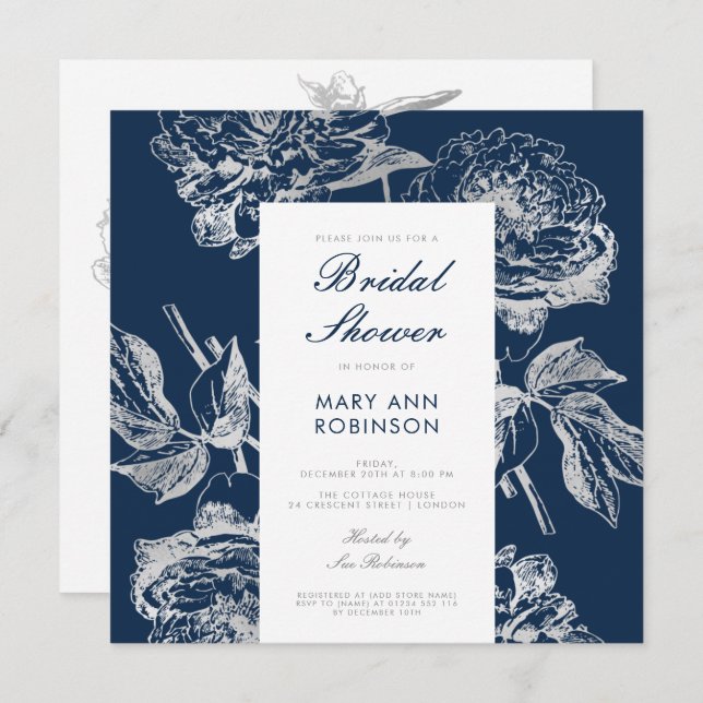 Elegant Bridal Shower Party Floral Silver Navy Invitation (Front/Back)