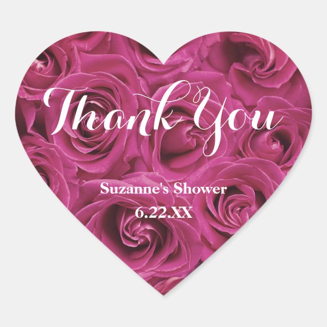 Elegant Bridal Shower Pink Floral Thank You Heart Sticker (Front)