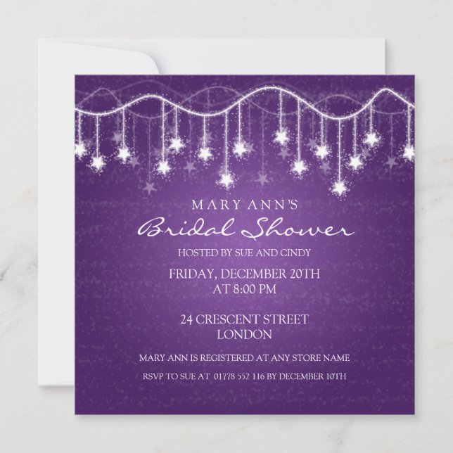Elegant Bridal Shower Shimmering Stars Purple Invitation (Front)