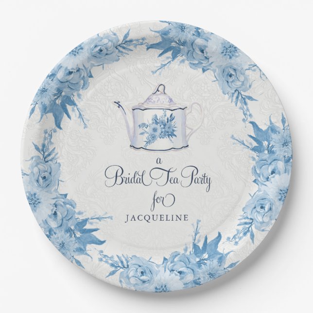 Elegant Bridal Shower Tea Party Dusty Blue Floral Paper Plate (Front)