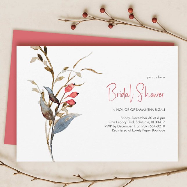 Elegant Bridal Shower Themes for Fall Invitation (Fall bridal shower theme features a flat lay of invitations with elegant botanicals on a white card)