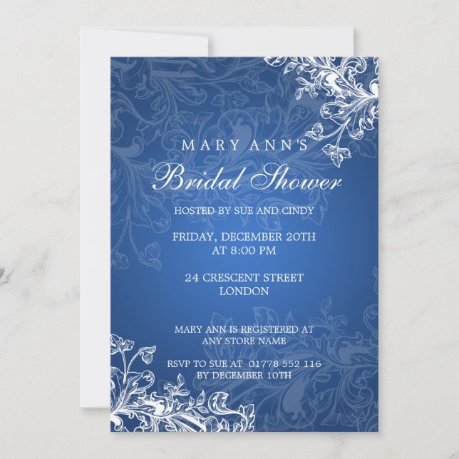 Elegant Bridal Shower Vintage Swirls Blue Invitation (Front)