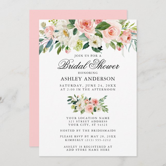Elegant Bridal Shower Watercolor Pink Floral Invitation (Front/Back)