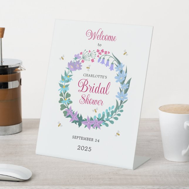 Elegant Bridal Shower  Wildflowers Garland Welcome Pedestal Sign (In SItu)
