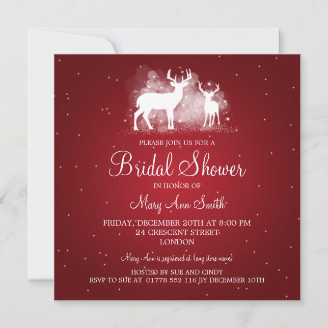 Elegant Bridal Shower Winter Deer Sparkle Red Invitation (Front)