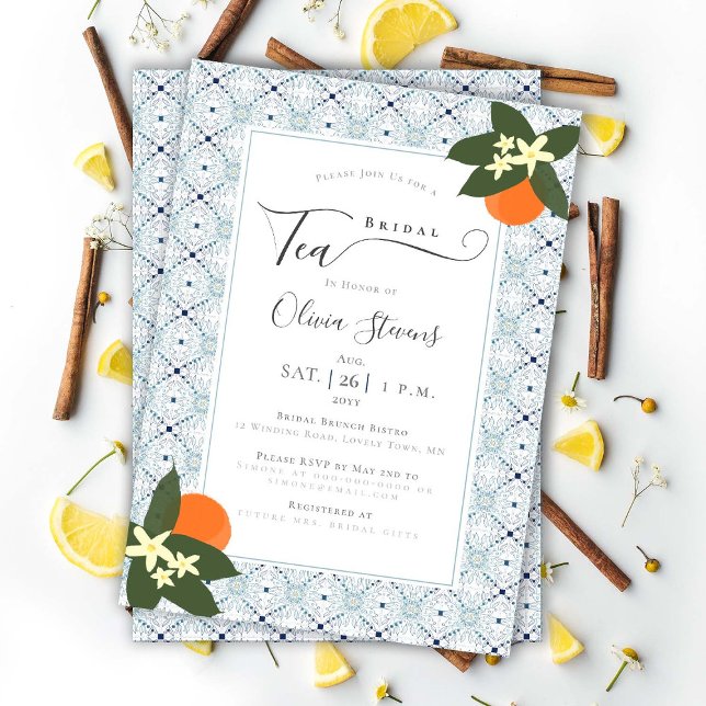 Elegant Bridal Tea Oranges Portuguese Tiles Shower Invitation (Creator Uploaded)