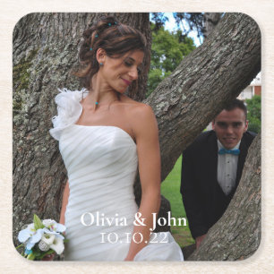 Elegant Bride and Groom Custom Photo Square Paper  Coaster